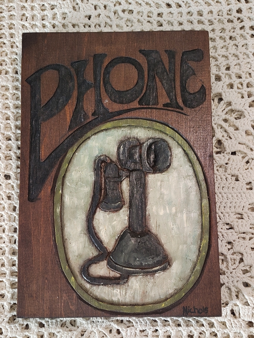 Wood Burned Painted Phone Picture 9 x 5.5